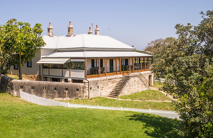 Exterior of Middle Head Officers Quarters heritage accommodation in Sydney Harbour National Park. Photo: John Spencer/DPIE